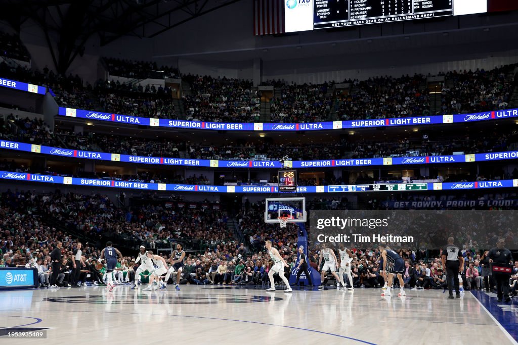A general view of the arena is seen during the game between the Boston Celtics and the Dallas Mavericks at American Airlines Center on January 22, 2024 in Dallas, Texas. NOTE TO USER: User expressly acknowledges and agrees that, by downloading and or using this photograph, User is consenting to the terms and conditions of the Getty Images License Agreement. (Photo by Tim Heitman/Getty Images)
