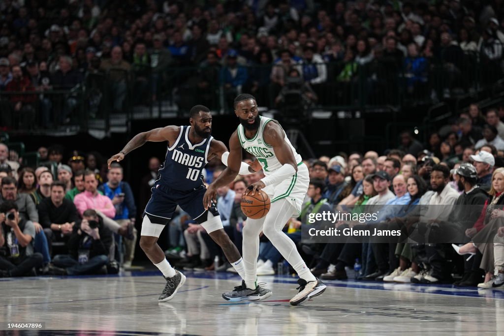 Jaylen Brown #7 of the Boston Celtics dribbles the ball during the game against the Dallas Mavericks on January 22, 2024 at the American Airlines Center in Dallas, Texas. NOTE TO USER: User expressly acknowledges and agrees that, by downloading and or using this photograph, User is consenting to the terms and conditions of the Getty Images License Agreement. Mandatory Copyright Notice: Copyright 2024 NBAE (Photo by Glenn James/NBAE via Getty Images)