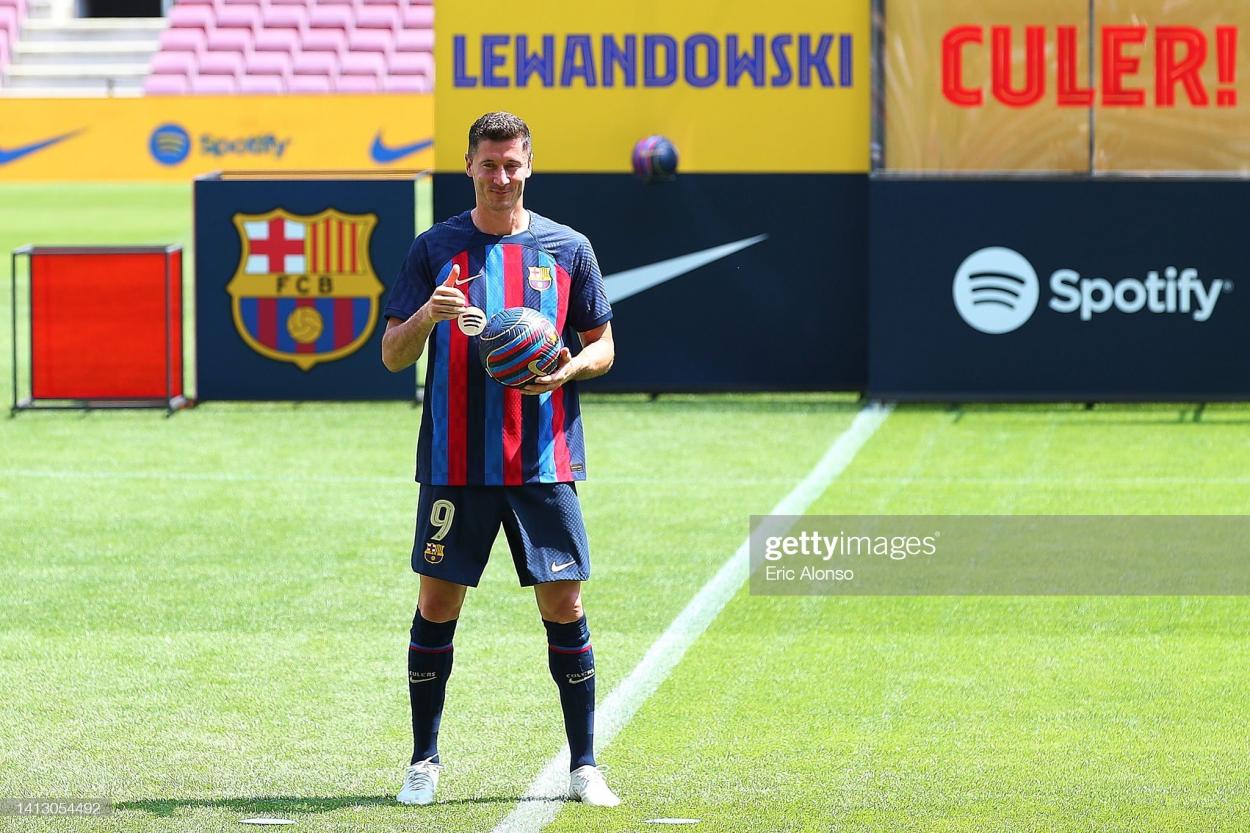 Robert Lewandoski during the presentation of Robert Lewandowski as a new player of FC Barcelona, at Camp Nou on August 5, 2022 in Barcelona, Spain. (Photo by Jose Breton/Pics Action/NurPhoto via Getty Images)