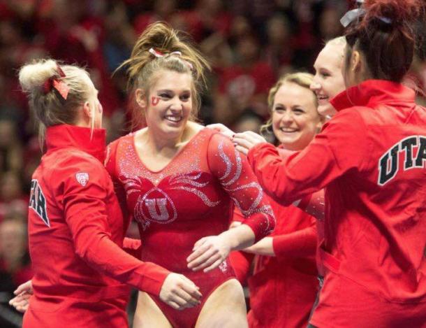 Baely Rowe celebrates after vault for Utah against UCLA in Salt Lake City/Utah Athletics