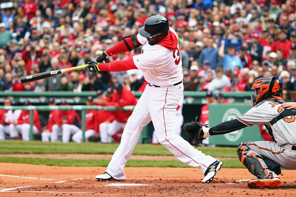 David Ortiz hits a single in the first inning bringing home Dustin Pedroia. (Source: Maddie Meyer/Getty Images North America)