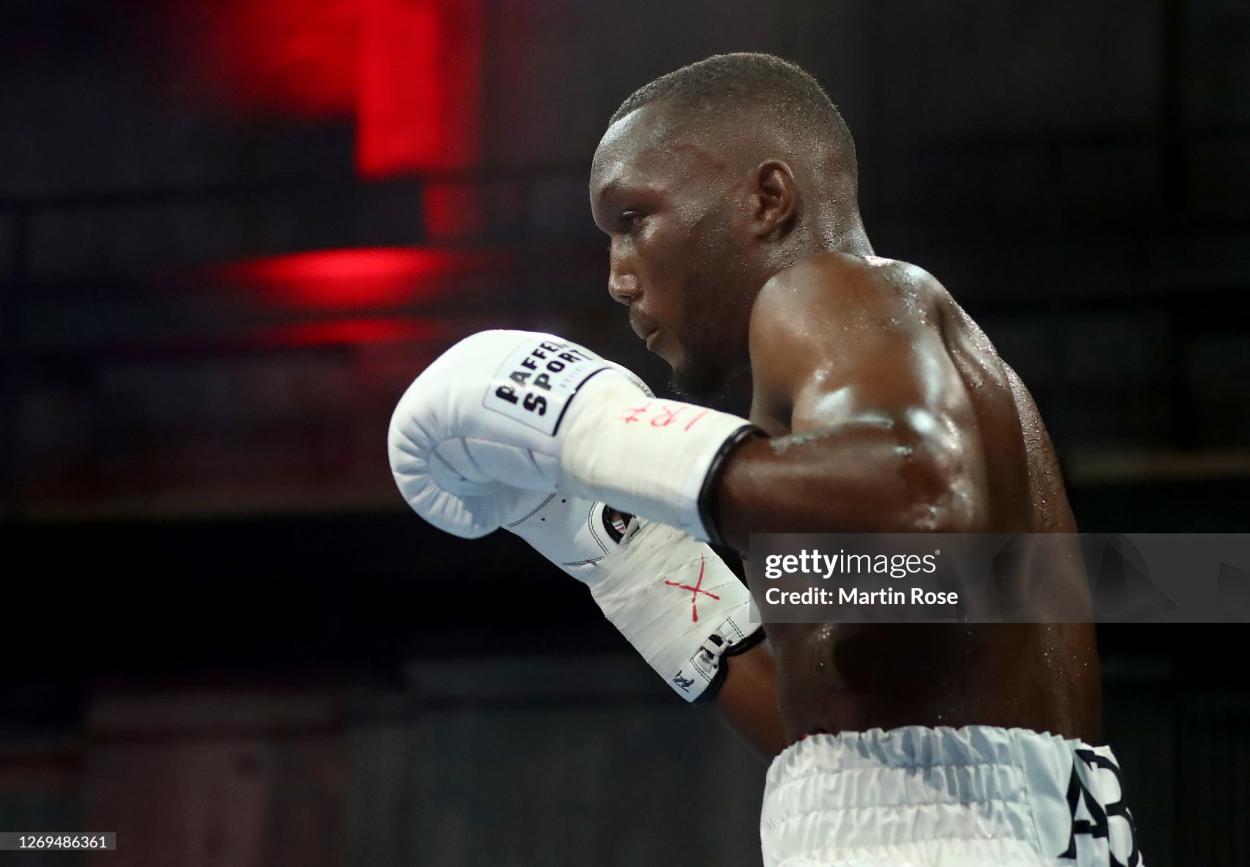 BERLIN, GERMANY - AUGUST 28: Abass Baraou of Germany in action against Jack Culcay of Germany during their IBF Eliminator Light Middleweight fight between Abass Baraou and Jack Culcay during the AGON Fight Night at Havelstudios on August 28, 2020 in Berlin, Germany. (Photo by Martin Rose/Bongarts/Getty Images)