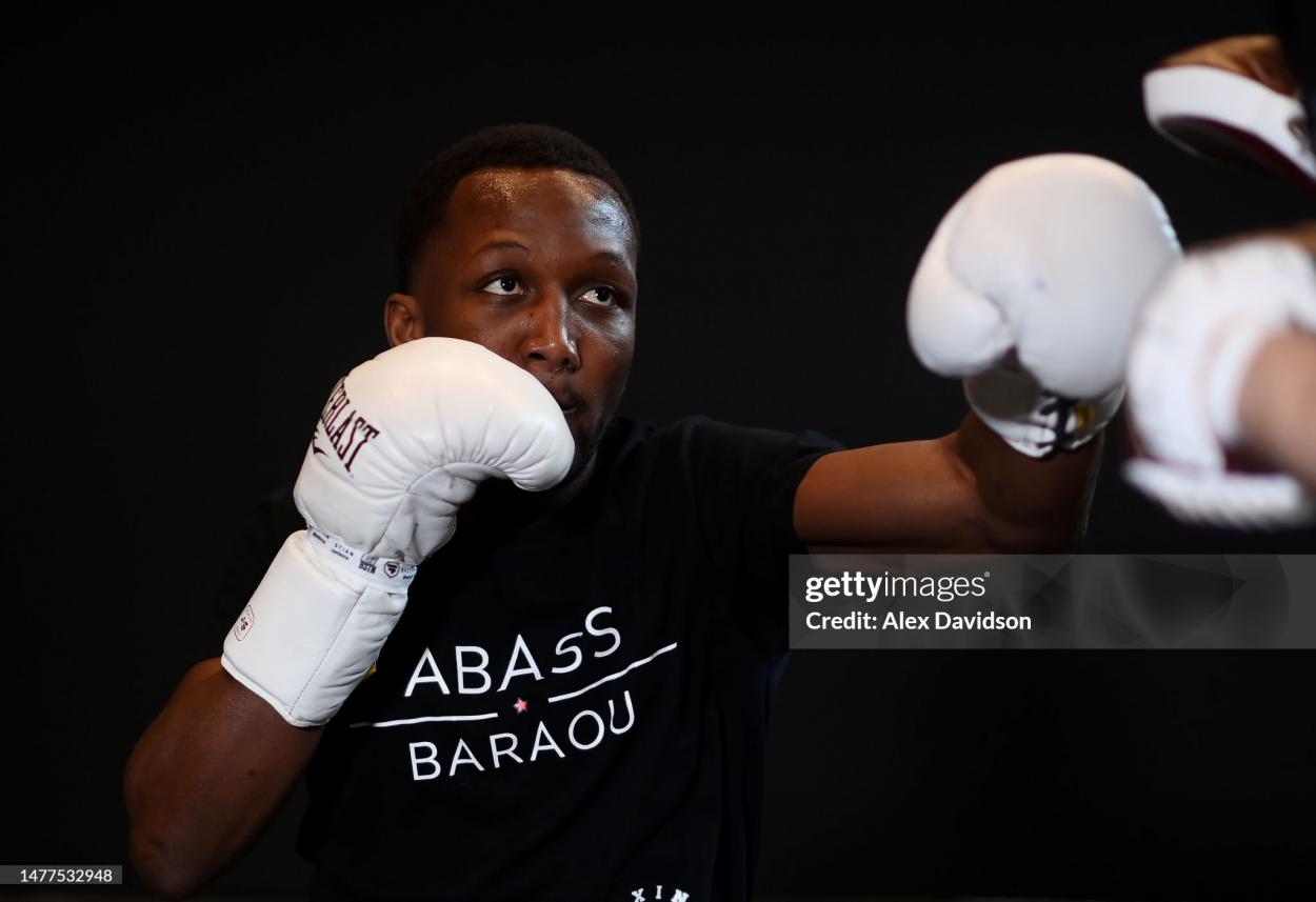 LONDON, ENGLAND - MARCH 28: Abass Baraou during a Harlem Eubank Media Day at Bronx Boxing Gym on March 28, 2023 in London, England. (Photo by Alex Davidson/Getty Images)