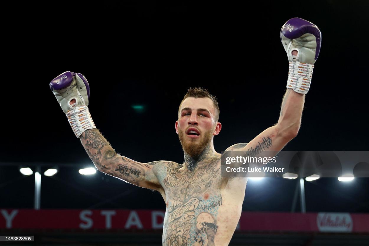 BOURNEMOUTH, ENGLAND - MAY 27: Sam Eggington celebrates following the Super-Welterweight fight at Vitality Stadium on May 27, 2023 in Bournemouth, England. (Photo by Luke Walker/Getty Images)