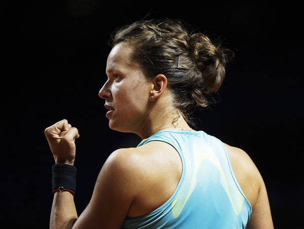 Barbora Strycova celebrates winning a point against Brady last week | Photo: Adam Pretty/Bongarts