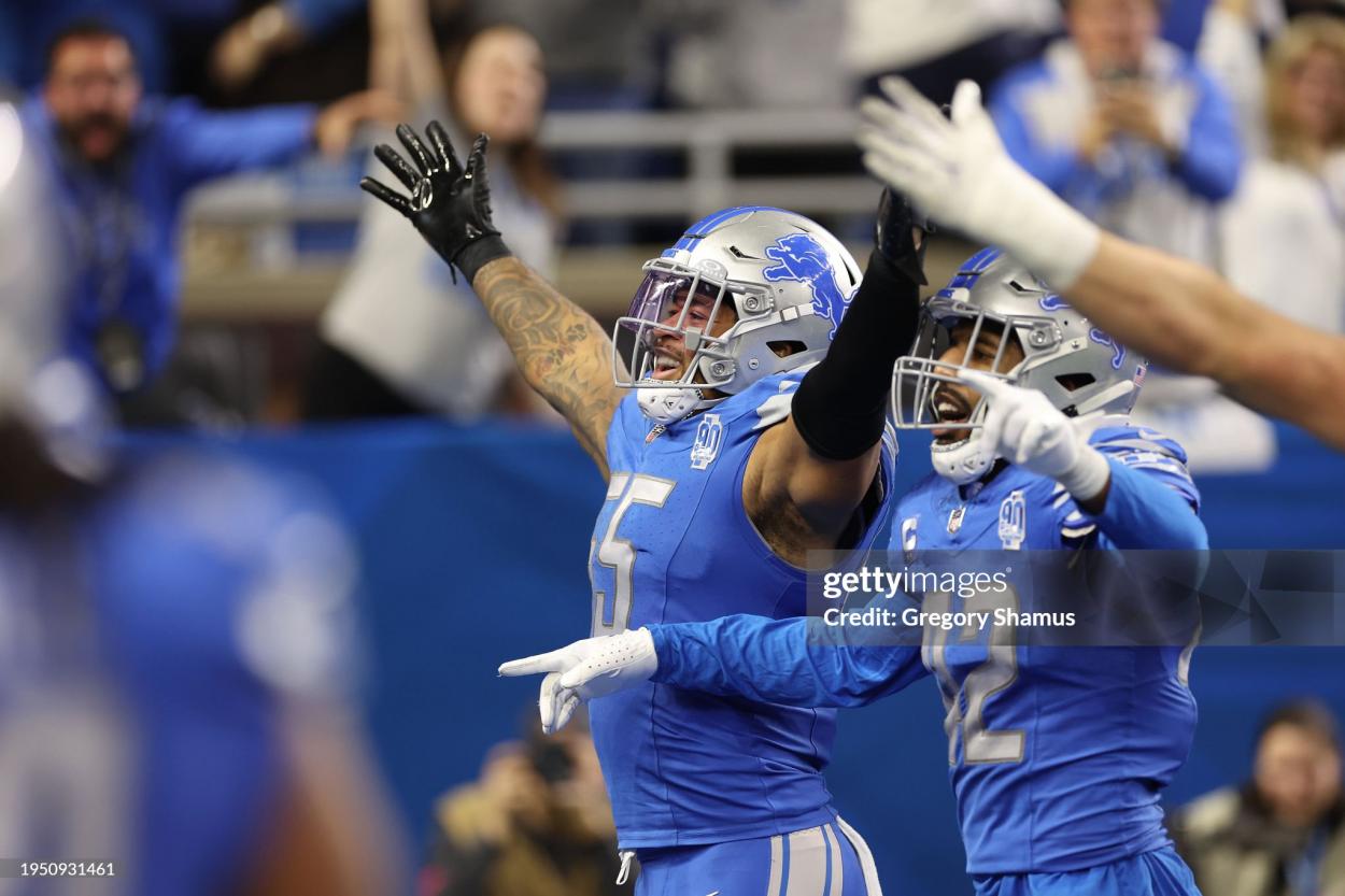 Derrick Barnes #55 of the Detroit Lions celebrates after an interception against the Tampa Bay Buccaneers during the fourth quarter of the NFC Divisional Playoff game at Ford Field on January 21, 2024 in Detroit, Michigan. (Photo by Gregory Shamus/Getty Images)