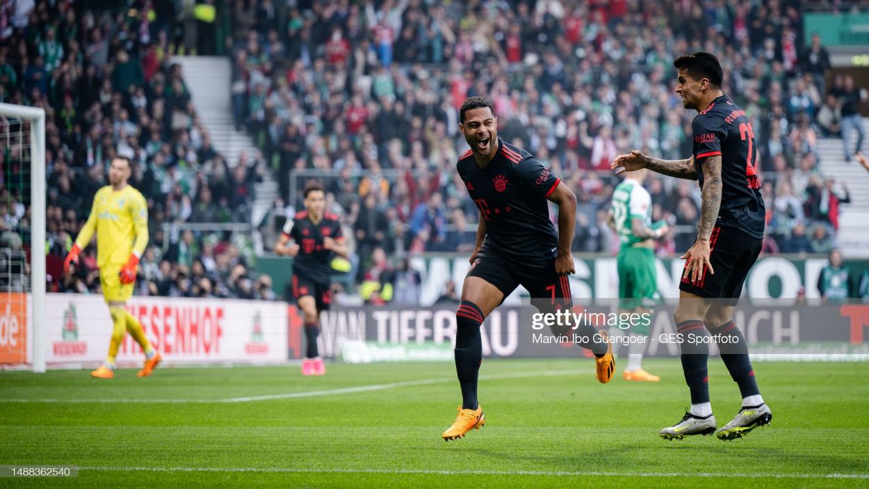 Serge Gnabry celebrates scoring against Werder Bremen last weekend PHOTO CREDIT: Marvin Ibo Guengoer - GES Sportfoto