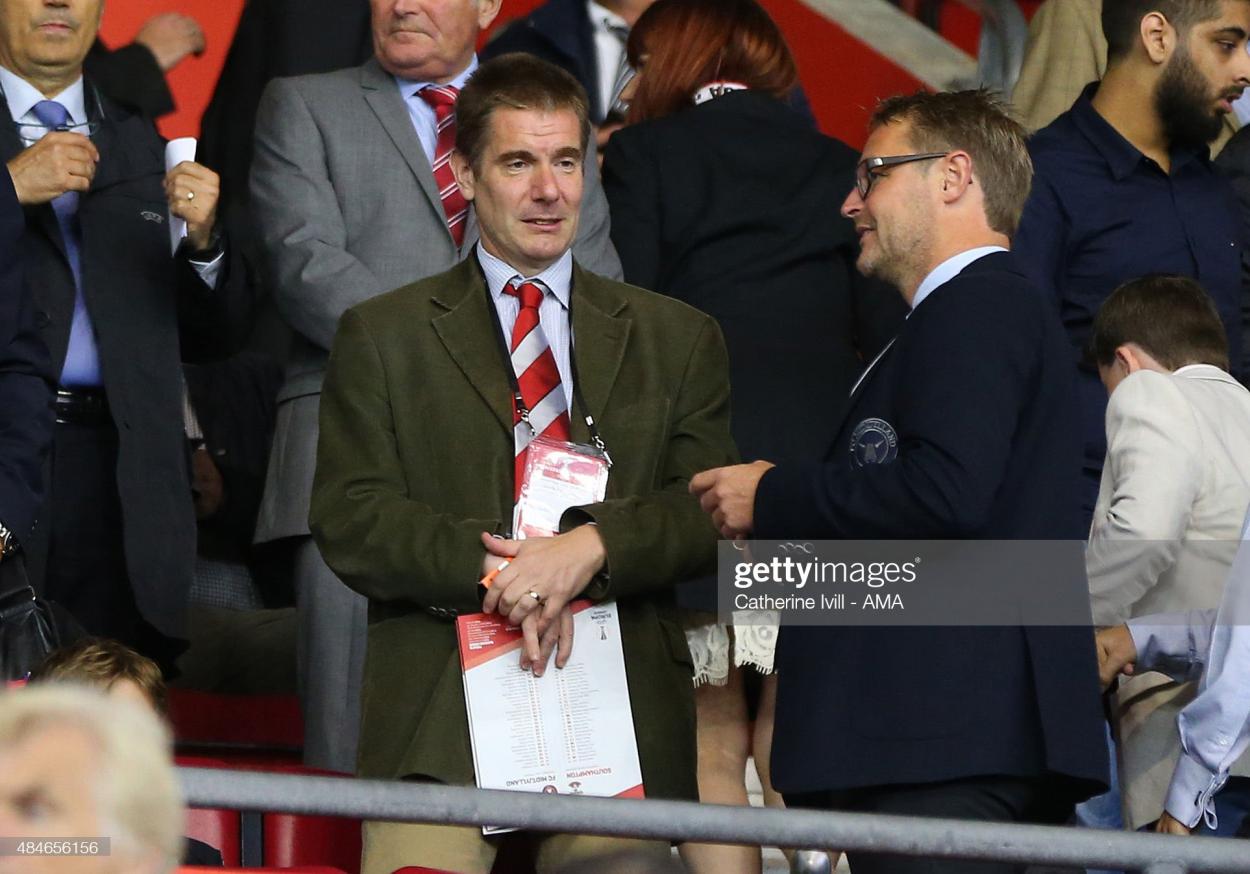 SOUTHAMPTON, ENGLAND - AUGUST 20: Matthew Benham owner of FC Midtjylland and Brentford before the UEFA Europa League Play Off Round 1st Leg match between Southampton and FC Midtjylland at St Mary's Stadium on August 20, 2015 in Southampton, England. (Photo by Catherine Ivill - AMA/Getty Images)