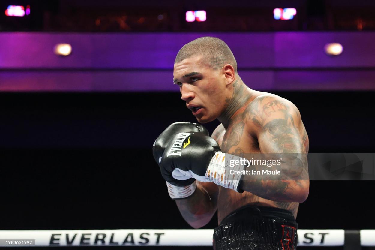 LAS VEGAS, NEVADA - FEBRUARY 03: Conor Benn looks on during the welterweight fight between Conor Benn and Peter Dobson at The Cosmopolitan, Chelsea Ballroom on February 03, 2024 in Las Vegas, Nevada. (Photo by Ian Maule/Getty Images)
