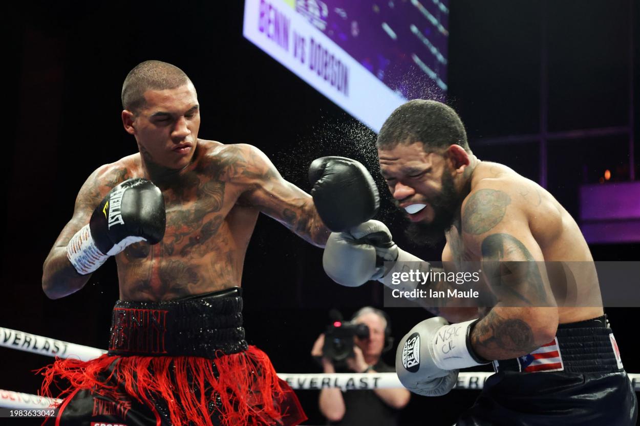 LAS VEGAS, NEVADA - FEBRUARY 03: Conor Benn punches Peter Dobson during the welterweight fight between Conor Benn and Peter Dobson at The Cosmopolitan, Chelsea Ballroom on February 03, 2024 in Las Vegas, Nevada. (Photo by Ian Maule/Getty Images)