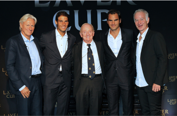 Federer helps announce the inaugural Rod Laver Cup, which will take place in September in Prague. Credit: Bennett Raglin/Getty Images