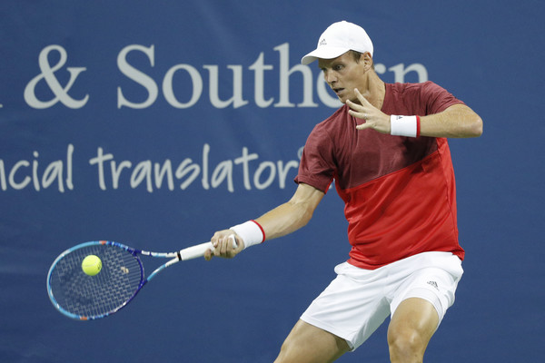 Tomas Berdych hits a forehand back at the Cincinnati Masters, his last event. Photo: Getty Images