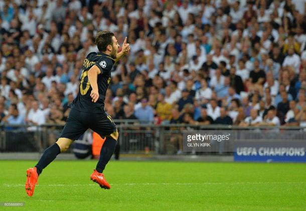 Bernardo Silva scores against Spurs in the Champions League group stage. Source - Getty.