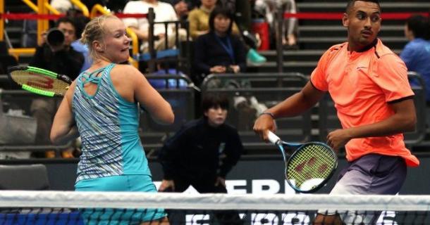 Kiki Bertens (left) and Nick Kyrgios in mixed doubles action. Photo: IPTL