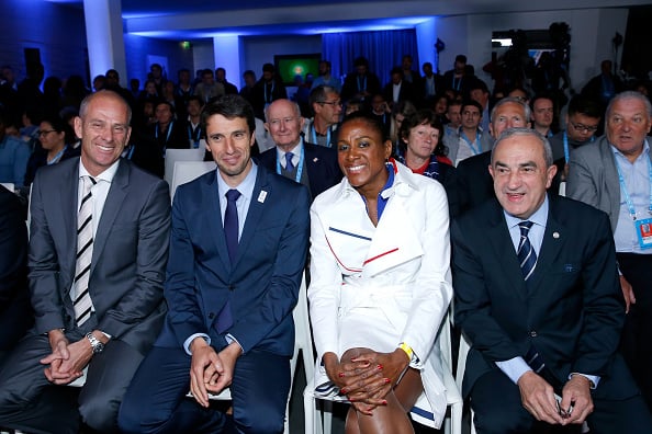 Forget, on the far left, attends the opening draw ceremonies of the 2016 French Open. Credit: Bertrand Rindoff Petroff/Getty Images