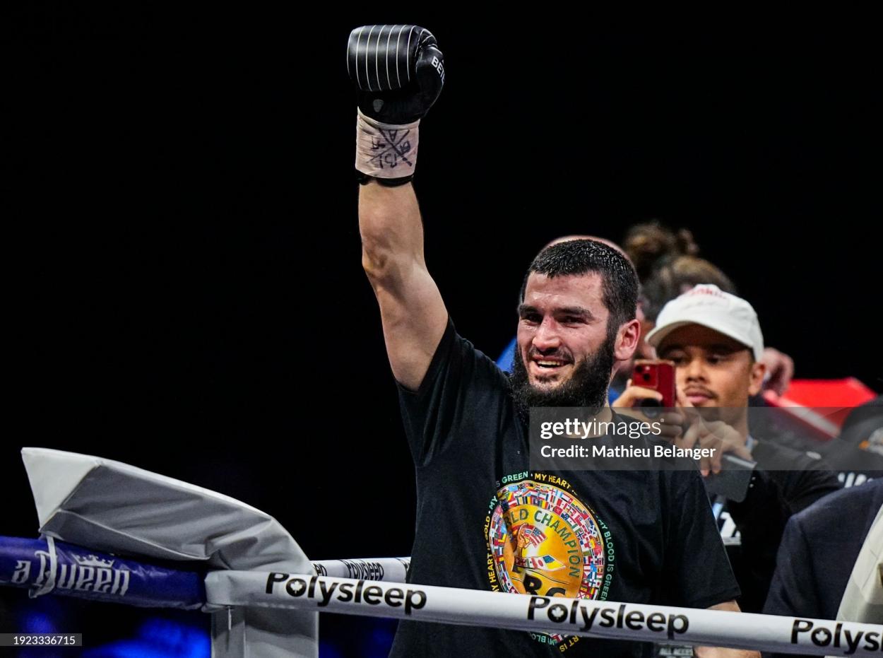 QUEBEC CITY, CANADA - JANUARY 13: Artur Beterbiev of Canada celebrates his victory against Callum Smith of the United Kingdom during their WBC, IBF and WBO light-heavyweight world championship fight at Videotron Centre on January 13, 2024 in Quebec City, Canada. (Photo by Mathieu Belanger/Getty Images)