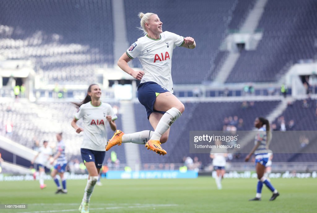 LONDON, ENGLAND - MAY 20: <strong><a  data-cke-saved-href='https://www.vavel.com/en/football/2023/05/07/womens-football/1146105-manchester-united-3-0-tottenham-hotspur-united-closing-in-on-their-first-wsl-title-after-spurs-domination.html' href='https://www.vavel.com/en/football/2023/05/07/womens-football/1146105-manchester-united-3-0-tottenham-hotspur-united-closing-in-on-their-first-wsl-title-after-spurs-domination.html'>Bethany England</a></strong> of Tottenham Hotspur Women celebrates after scoring their third goal during the FA Women's Super League match between Tottenham Hotspur and Reading at Tottenham Hotspur Stadium on May 20, 2023 in London, England. (Photo by Tottenham Hotspur FC/Tottenham Hotspur FC via Getty Images)