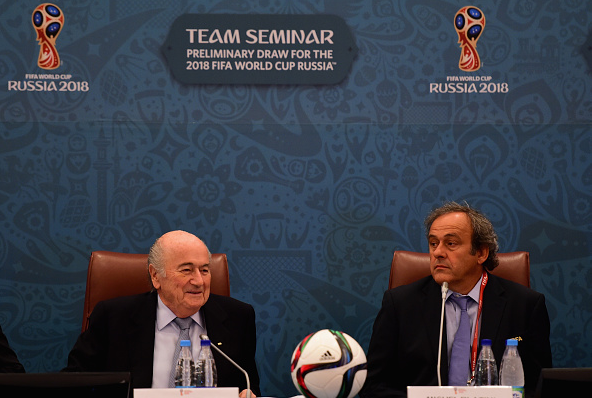 FIFA President Joseph S. Blatter and UEFA President Michel Platini look on during the Team Seminar ahead of the Preliminary Draw of the 2018 FIFA World Cup / Shaun Botterill - Getty Images