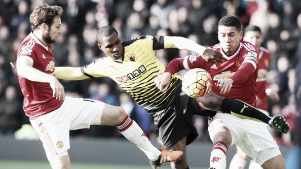 Daley Blind and Chris Smalling wrestle with Watford's Odion Ighalo for the ball - Picture: SkySports