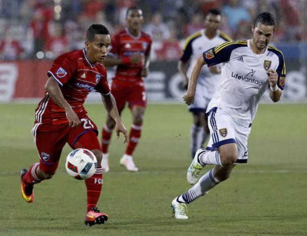 FC Dallas right winger Michael Barrios (left, in red) could lead FC Dallas to three more points on Saturday. Photo Credit: Stewart F. House Photography