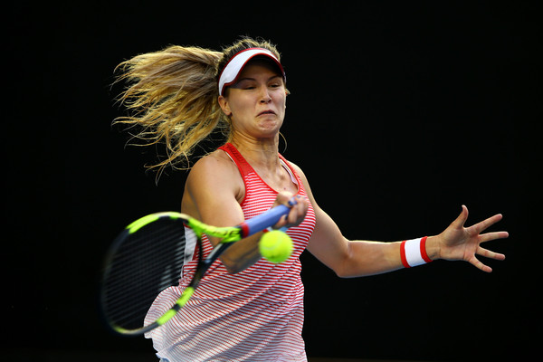 Genie Bouchard hits a forehand during her second round loss in Melbourne. Photo: Mark Kolbe/Getty Images