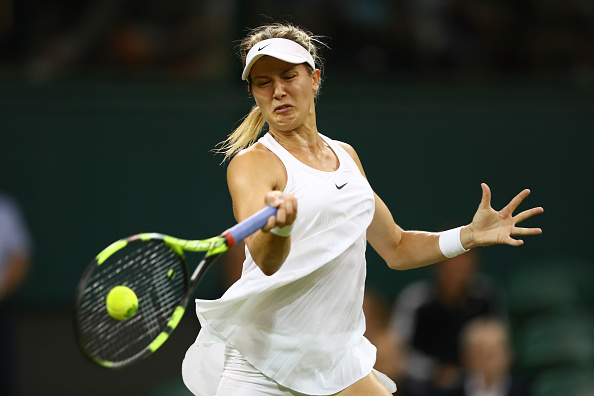Bouchard rips a forehand on Wednesday at Wimbledon. Photo: Julian Finney/Getty Images