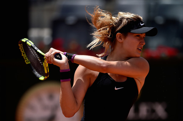 Eugenie Bouchard hits a backhand during her first round win. Photo: Dennis Grombowski/Getty Images