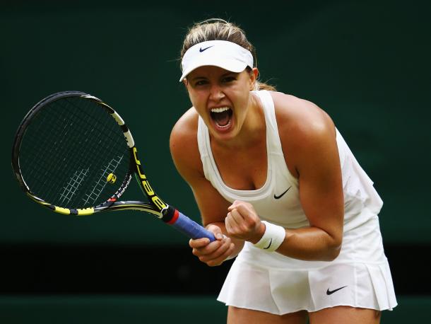 Bouchard roars after her fourth round victory at Wimbledon in 2014. Photo: Getty Images