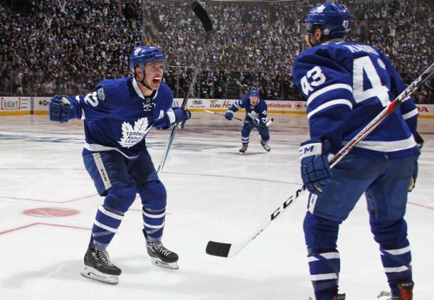 Tyler Bozak (left) celebrates his game-winning goal in game three of Toronto's first-round series in the 2017 playoffs. Photo: Claus Andersen/Getty Images