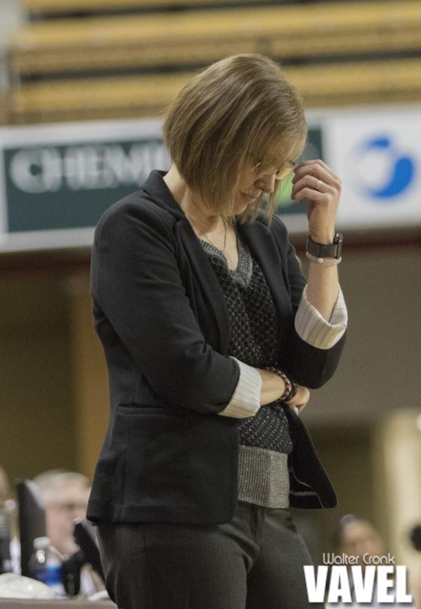 Head Coach of Bradley University, Andrea Gorski cant believe what she's seeing during the game. Photo: Walter Cronk