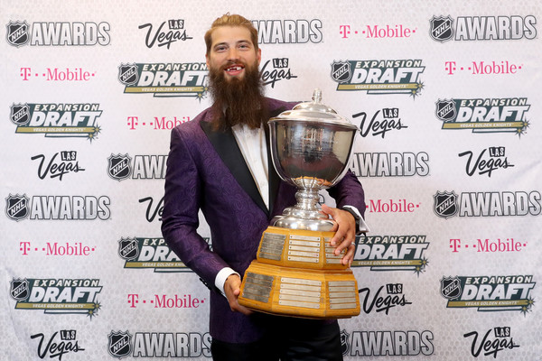 Brent Burns poses with his James Norris Memorial Trophy (Bruce Bennett/Getty Images North America)