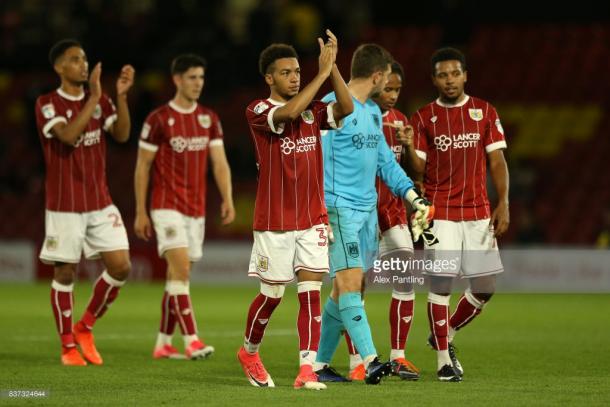 Bristol City celebrate their 3-2 win at Vicarage Road. Source | Getty Images.