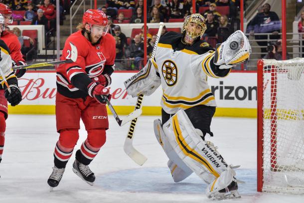 The Boston Bruins were able to catch a win vs Carolina. (Photo by Greg Thompson/Icon Sportswire) (Icon Sportswire via AP Images)