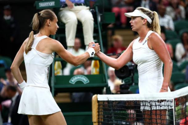 Magdalena Rybarikova and Coco Vandeweghe meet at the net following their match (Getty/Clive Brunskill)