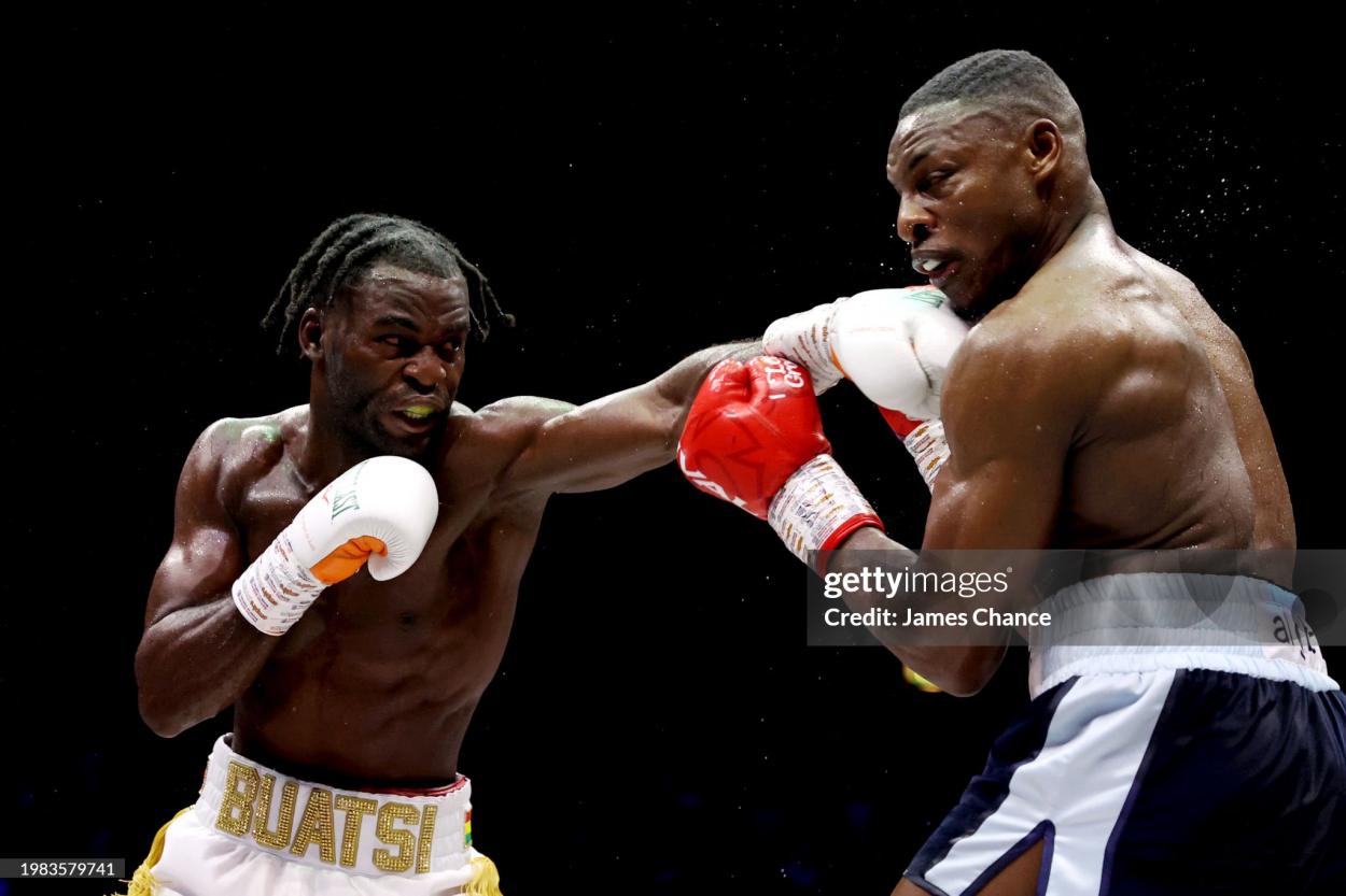 LONDON, ENGLAND - FEBRUARY 03: Joshua Buatsi punches Dan Azeez exchange during the British and Commonwealth Light Heavyweight title fight between Dan Azeez and Joshua Buatsi at OVO Arena Wembley on February 03, 2024 in London, England. (Photo by James Chance/Getty Images)