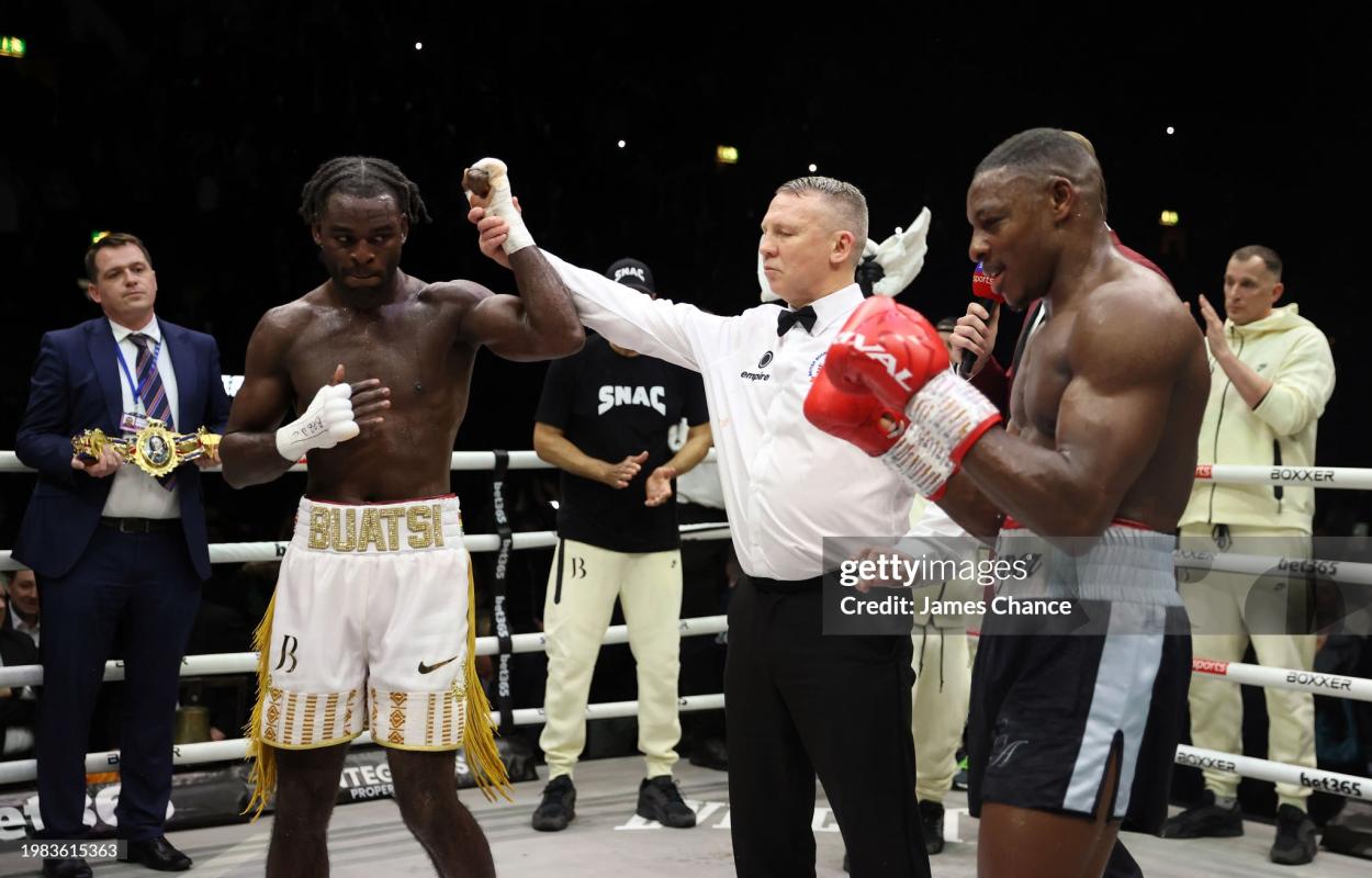 LONDON, ENGLAND - FEBRUARY 03: Joshua Buatsi celebrates as Referee Bob Williams announces him as winner following the British and Commonwealth Light Heavyweight title fight between Dan Azeez and Joshua Buatsi at OVO Arena Wembley on February 03, 2024 in London, England. (Photo by James Chance/Getty Images)