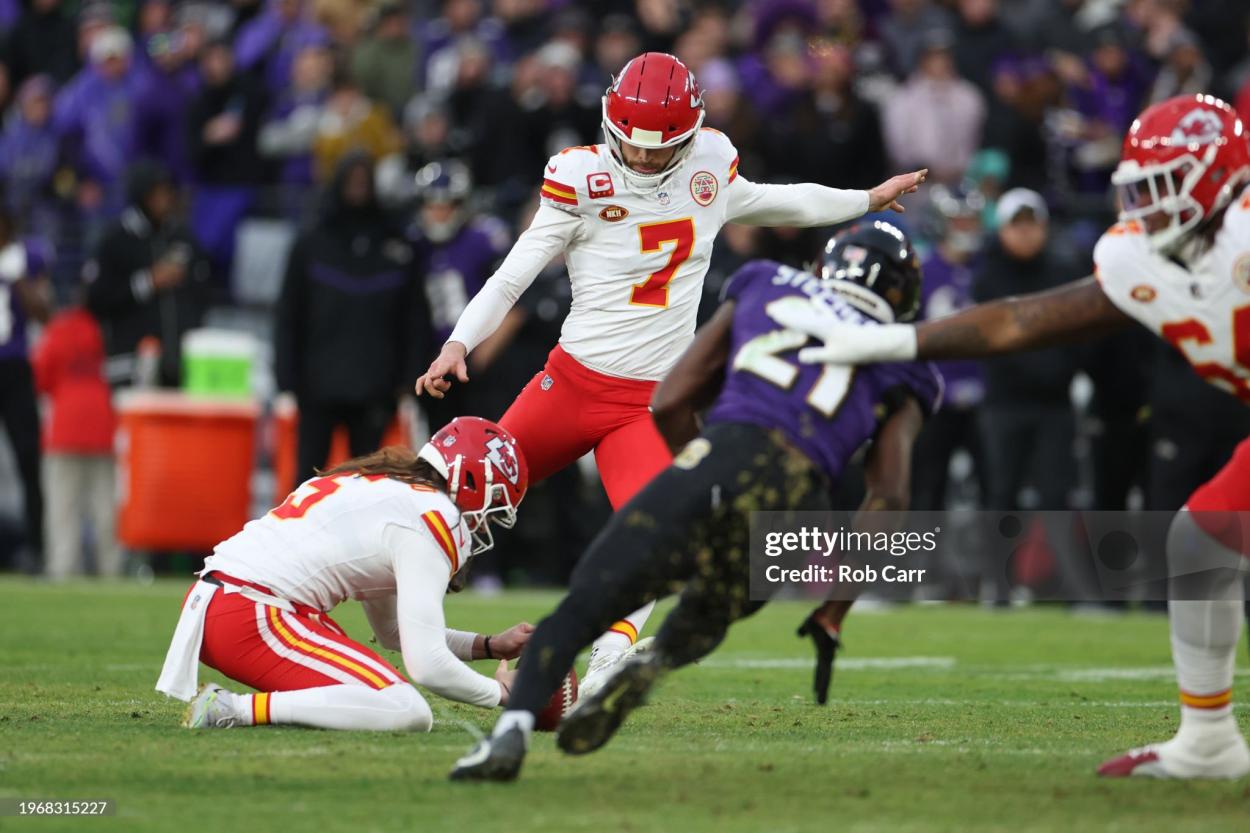 <strong><a  data-cke-saved-href='https://www.vavel.com/en-us/nfl/2024/01/01/1167369-kansas-city-chiefs-25-17-cincinnati-bengals-kc-wins-eighth-straight-afc-west-title.html' href='https://www.vavel.com/en-us/nfl/2024/01/01/1167369-kansas-city-chiefs-25-17-cincinnati-bengals-kc-wins-eighth-straight-afc-west-title.html'>Harrison Butker</a></strong> #7 of the Kansas City Chiefs kicks a field goal against the Baltimore Ravens during the second quarter in the AFC Championship Game at M&T Bank Stadium on January 28, 2024 in Baltimore, Maryland. (Photo by Rob Carr/Getty Images)