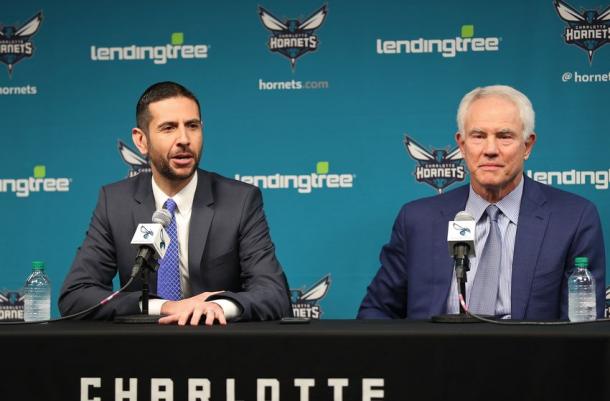 Charlotte Hornets General Manager, Mitch Kupchak introduces James Borrego as Head Coach of the Charlotte Hornets during a press conference in Charlotte, North Carolina on May 11, 2018 |Kent Smith/NBAE via Getty Images|