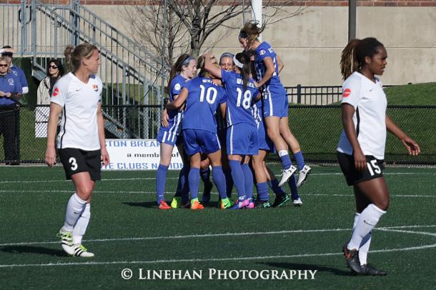 The Breakers celebrate Dowie's opener. Source: Meg Linehan | Equalizer Soccer