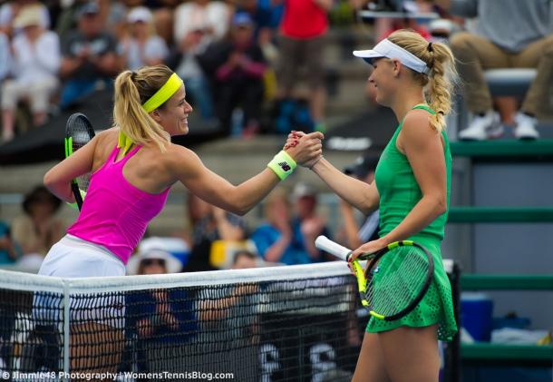 Caroline Wozniacki and Nicole Gibbs shake hands after their match at the ASB Classic in Auckland/Jimmie48 Photography