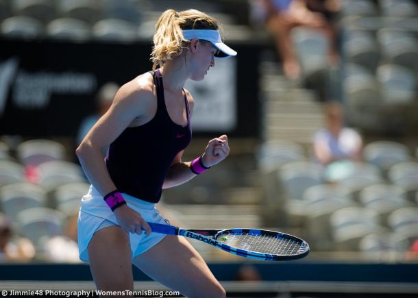 Eugenie Bouchard celebrates a point during her first round match at the Sydney International. Photo: Jimmie48 Tennis Photography