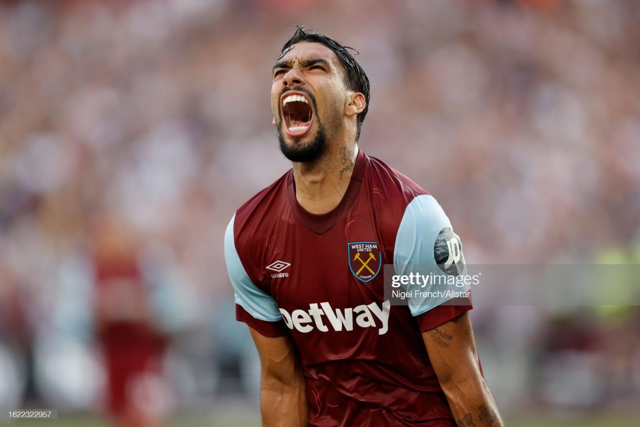 Lucas Paqueta celebrating his late goal to secure all three points for <strong><a  data-cke-saved-href='https://www.vavel.com/en/football/2022/11/02/west-ham/1128358-fcsb-vs-west-ham-uefa-europa-conference-league-preview-gameweek-6-2022.html' href='https://www.vavel.com/en/football/2022/11/02/west-ham/1128358-fcsb-vs-west-ham-uefa-europa-conference-league-preview-gameweek-6-2022.html'>West Ham</a></strong> against Chelsea. (Photo by Nigel French/Sportsphoto/Allstar via Getty Images)