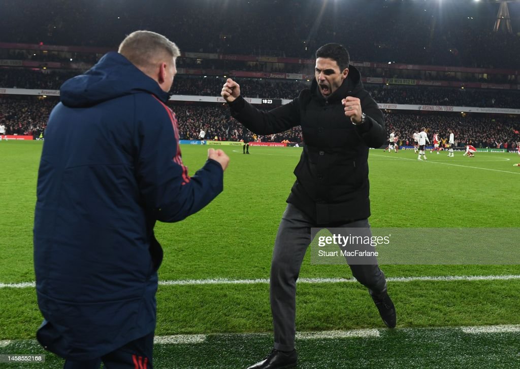  Arsenal manager Mikel Arteta celebrates after the Premier League match between Arsenal FC and Manchester United at Emirates Stadium on January 22, 2023 in London, England. (Photo by Stuart MacFarlane/Arsenal FC via Getty Images)