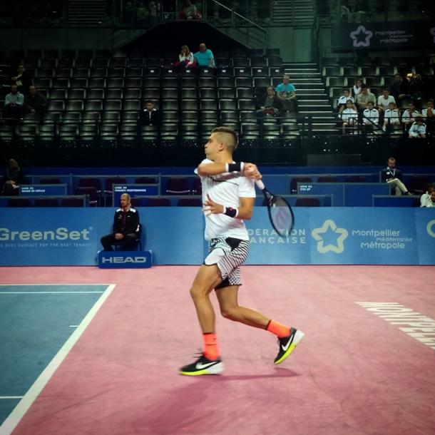Coric hits a forehand in Montpellier//Photo: Twitter
