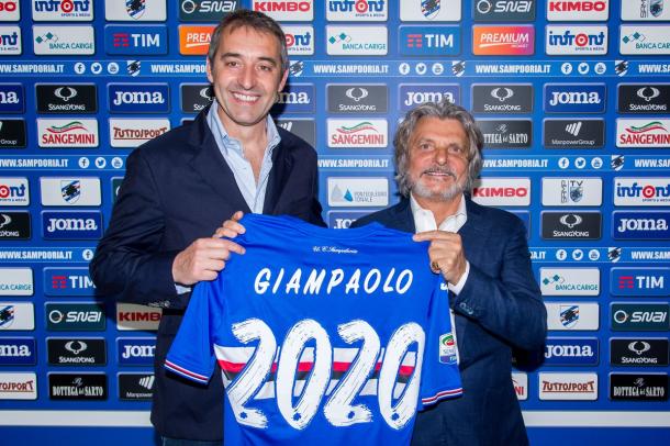 Marco Giampaolo e Massimo Ferrero posano per il rinnovo di contratto. | Fonte: twitter.com/sampdoria