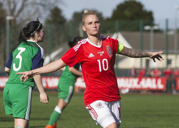 Fishlock celebrates her goal in front of the fans | Source: faw.cymru