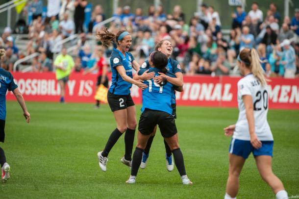 Celebrations after Sydney Leroux put her team ahead against the Breakers. Source: FC Kansas City