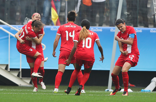 Canada celebrate their opening goal. | Image credit: Alexandre Schneider/Getty Images