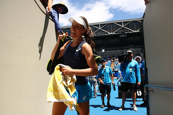 Johanna Konta walks off court after her round one win over Kirsten Flipkens (Getty/Clive Brunskill)