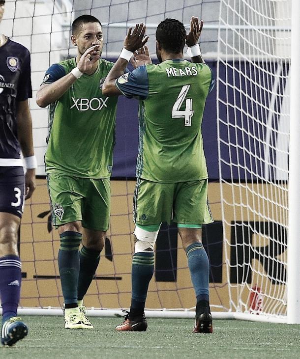 Dempsey celebrates his first goal with Tyron Mears | Source: Kim Klement-USA TODAY Sports